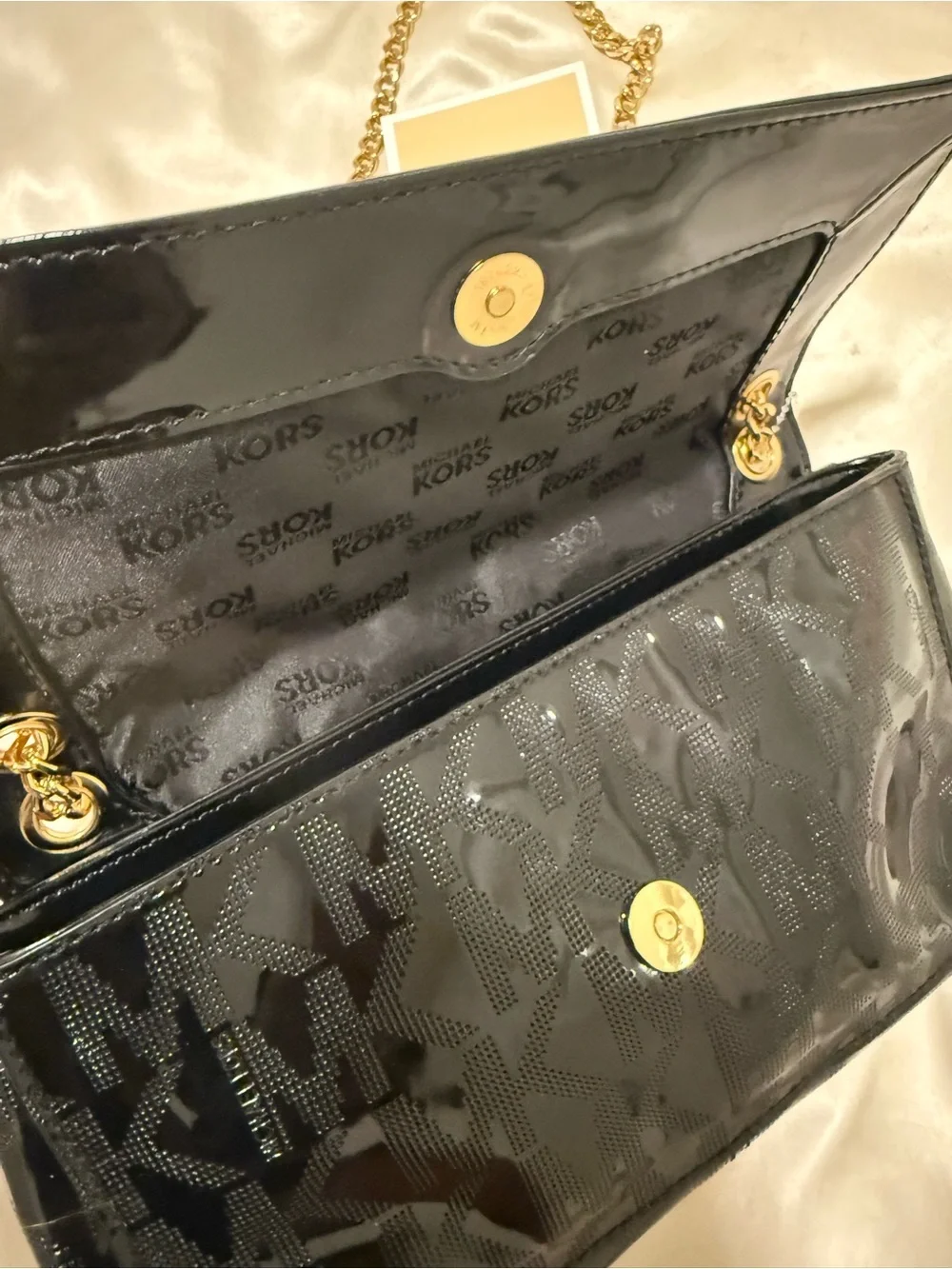 Michael Kors Black Patent Shoulder Bag with Gold Chain